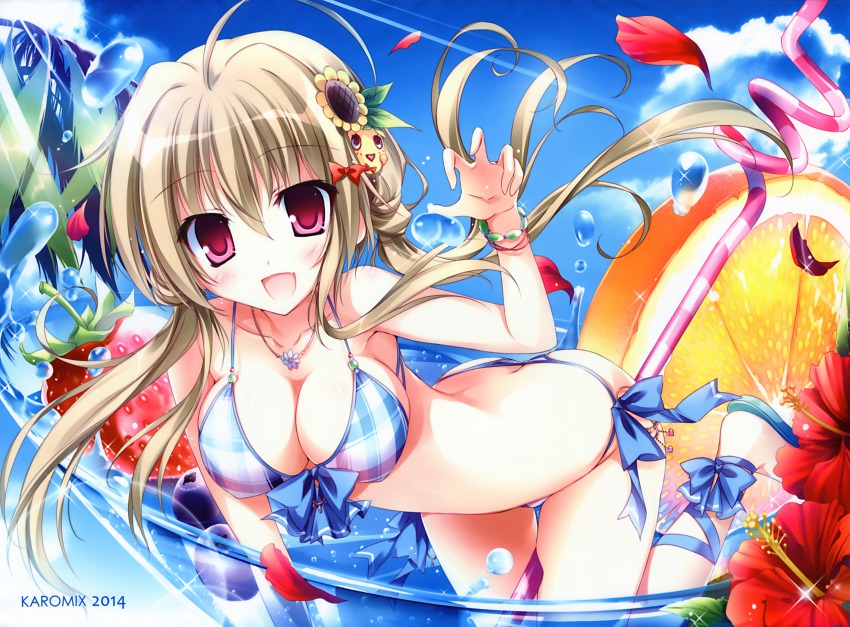 1girl, :d, absurdres, ass, bikini, blue_bikini, breasts, brown_hair