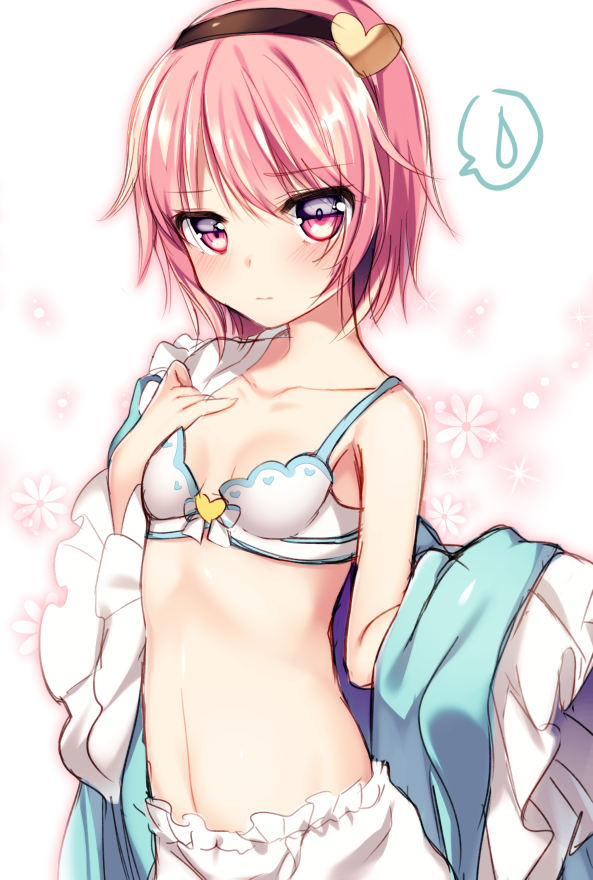 1girl, bare_shoulders, bloomers, blue_shirt, bra, breasts, eyes_visible_through_hair, female_focus