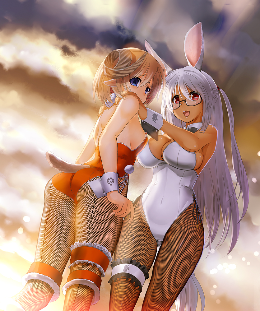 1girl, 2girls, animal_ears, blue_eyes, bow, bowtie, brown_hair, chinese_zodiac