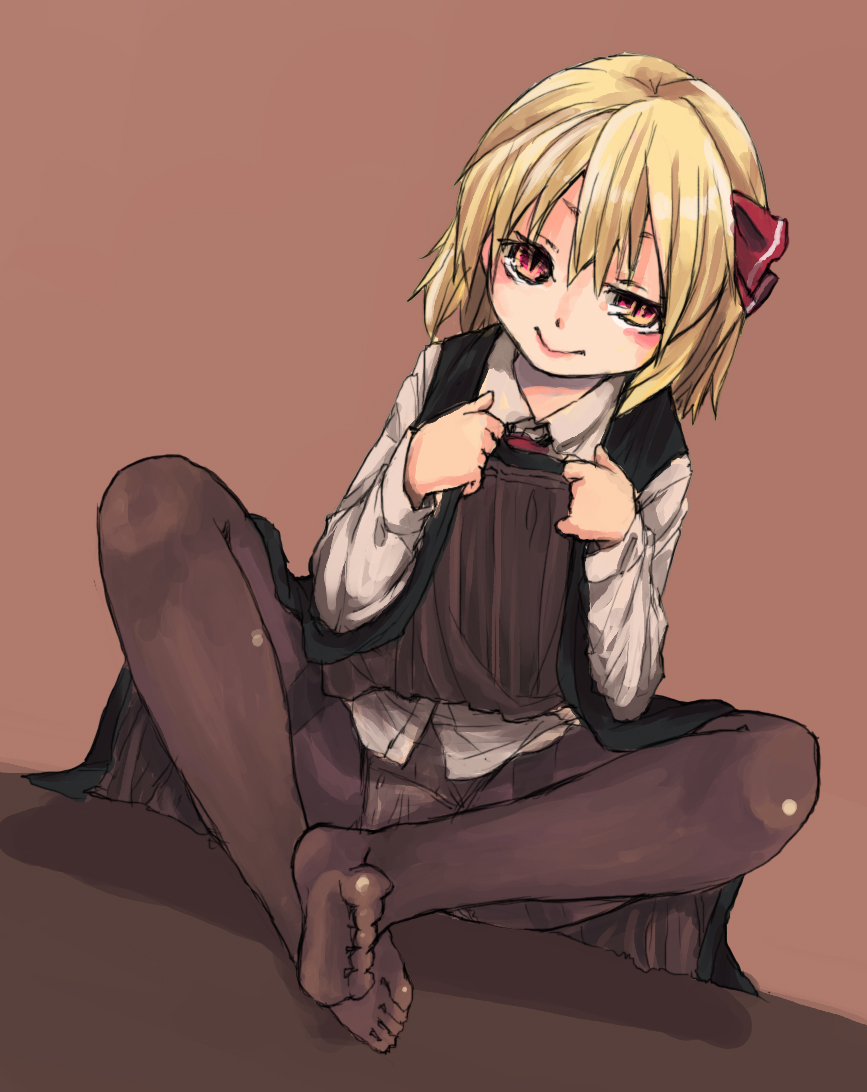 1girl, black_pantyhose, blonde_hair, blush, clothes_lift, feet, female_focus, hair_ribbon
