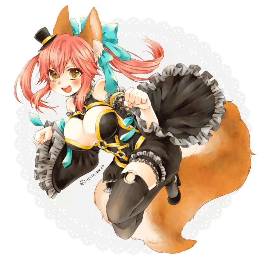 10s, 1girl, animal_ears, animal_hands, artist_name, bare_shoulders, black_thighhighs, blush, breasts, cat_paws, cleavage, cleavage_cutout, clothing_cutout, detached_sleeves, fate/extra, fate/extra_ccc, fate_(series), female_focus, fox_ears, fox_tail, hair_ribbon, hat, high_heels, highres, large_breasts, looking_at_viewer, mini_hat, mini_top_hat, official_alternate_costume, open_mouth, paw_pose, pink_hair, ribbon, simple_background, solo, tail, tamamo_no_mae_(fate), tamamo_no_mae_(sable_mage)_(fate), thighhighs, top_hat, twintails, utatane, white_background, yellow_eyes
