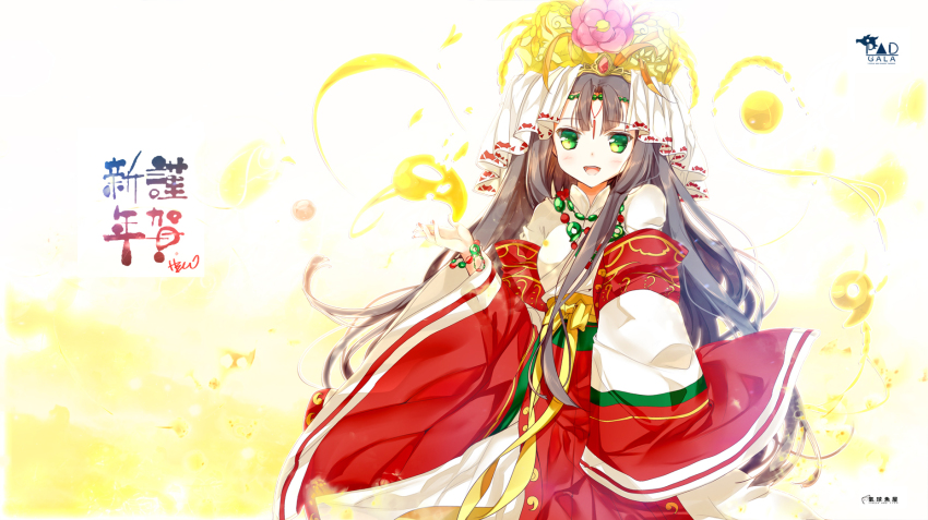 1girl, :d, bow, brown_hair, detached_sleeves, female_focus, gem, green_eyes