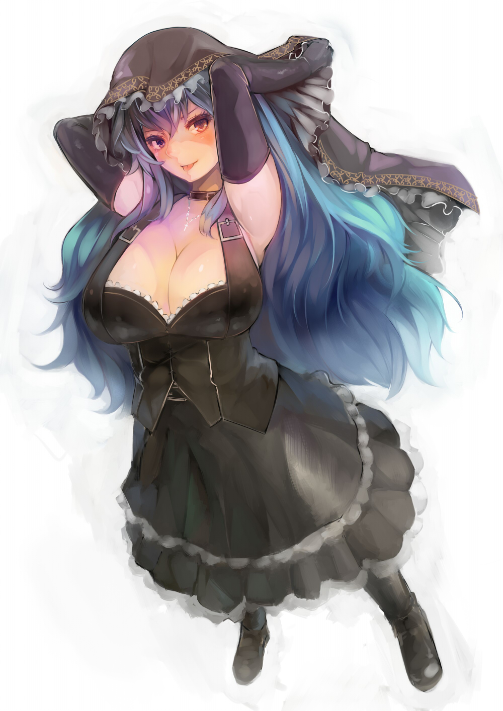 1girl, :p, arms_up, black_gloves, blue_hair, blush, breasts, dress, elbow_gloves, female_focus, gloves, harusame-r, highres, large_breasts, looking_at_viewer, riette_(luco_san), solo, tongue, tongue_out, veil, white_background