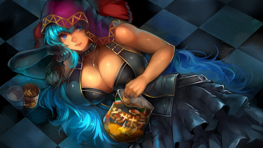 1girl, absurdres, blue_eyes, blue_gloves, blue_hair, breasts, checkered_floor, chips_(food)