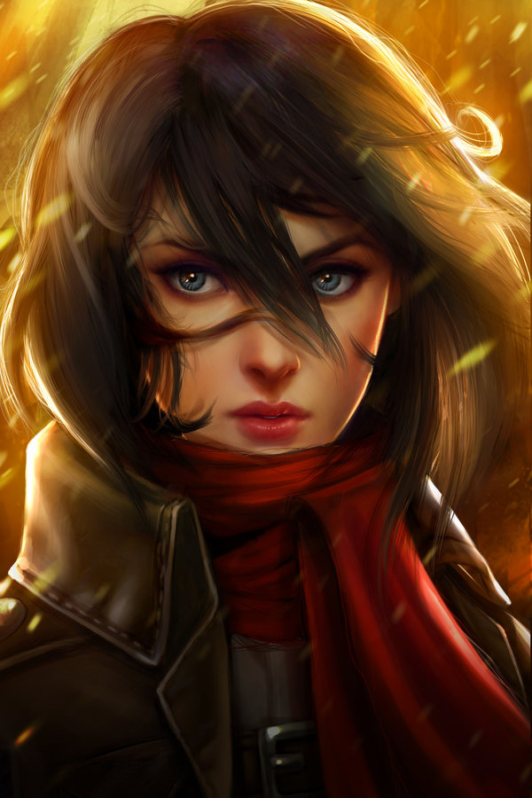 1girl, bad_deviantart_id, bad_id, black_hair, black_jacket, blue_eyes, female_focus, hair_between_eyes, jacket, kathryn_lee_steele, klsteeleart, light_particles, lips, lipstick, looking_at_viewer, makeup, mascara, mikasa_ackerman, portrait, realistic, red_scarf, scarf, shingeki_no_kyojin, short_hair, solo, wind, wing_collar