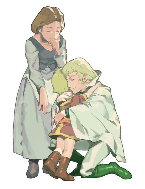 abadede_gurimade, boots, closed_eyes, densetsu_kyojin_ideon, family, father_and_child, father_and_son, hug, mother_and_child, mother_and_son, parent_and_child, sarmat