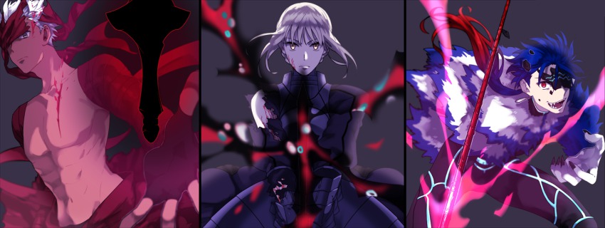 1girl, 2boys, archer_(fate), archer_(prisma_illya), artoria_pendragon_(fate), bad_id, bad_pixiv_id, bandana