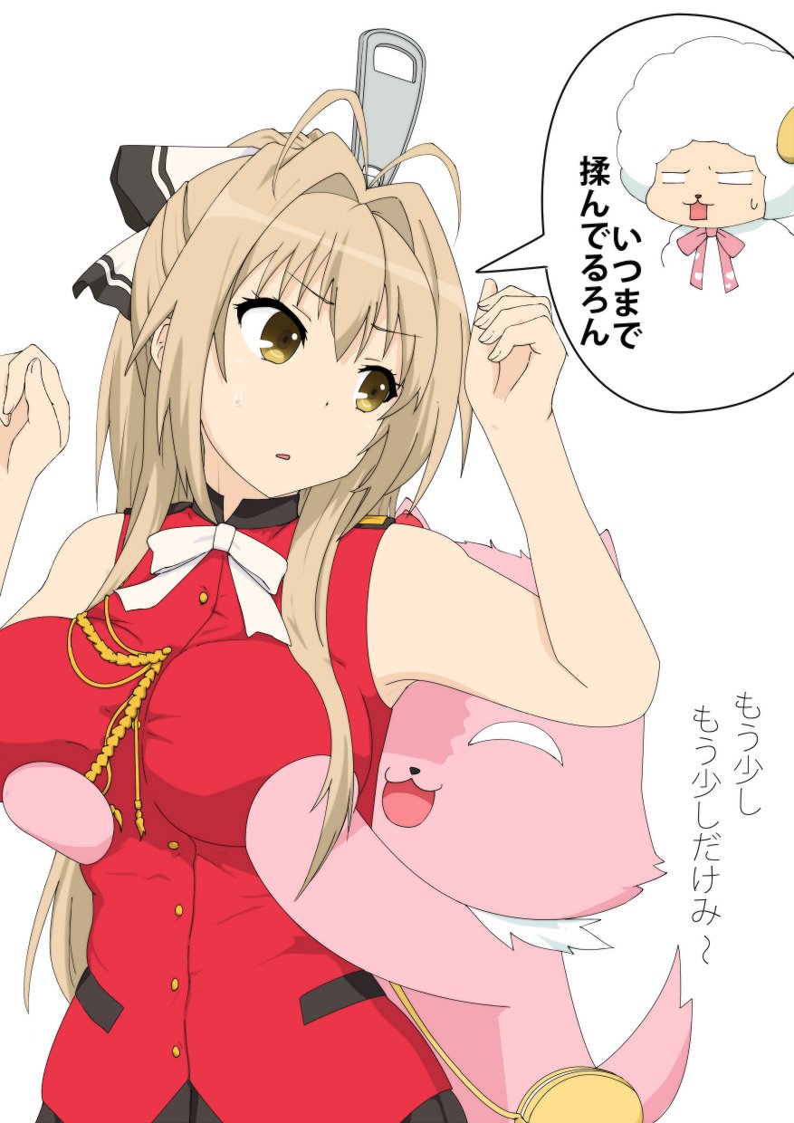 1girl, amagi_brilliant_park, antenna_hair, bow, brown_eyes, brown_hair, cosplay, gobanme_no_mayoi_neko