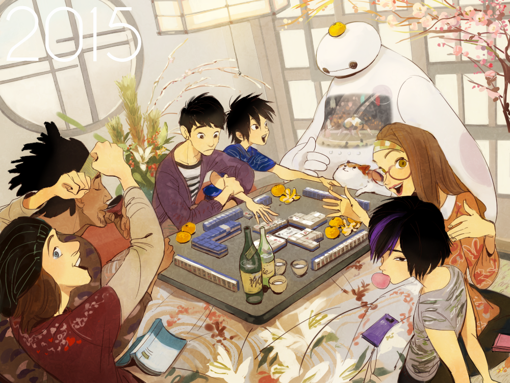 10s, 2015, 2girls, 4boys, baymax, big_hero_6, black_hair, board_game