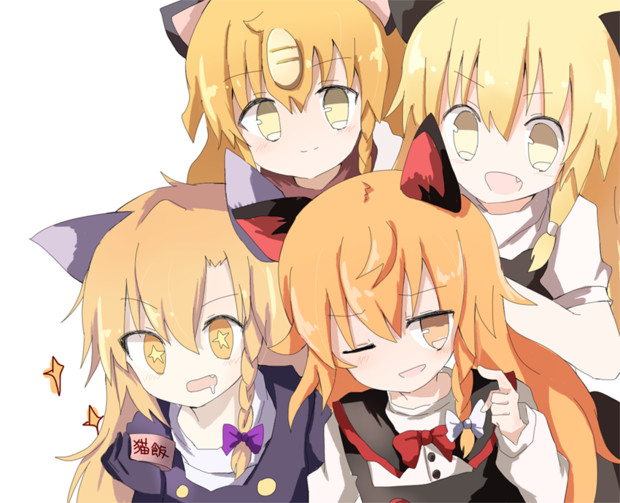 4girls, animal_ears, azusa_(cookie), blonde_hair, cat_ears, cookie_(touhou), hair_ribbon, ittosai, kemonomimi_mode, kirisame_marisa, long_hair, mars_(cookie), multiple_girls, rei_(cookie), ribbon, ribbon_trim, simple_background, source_request, touhou, uzuki_(cookie), white_background, yellow_eyes