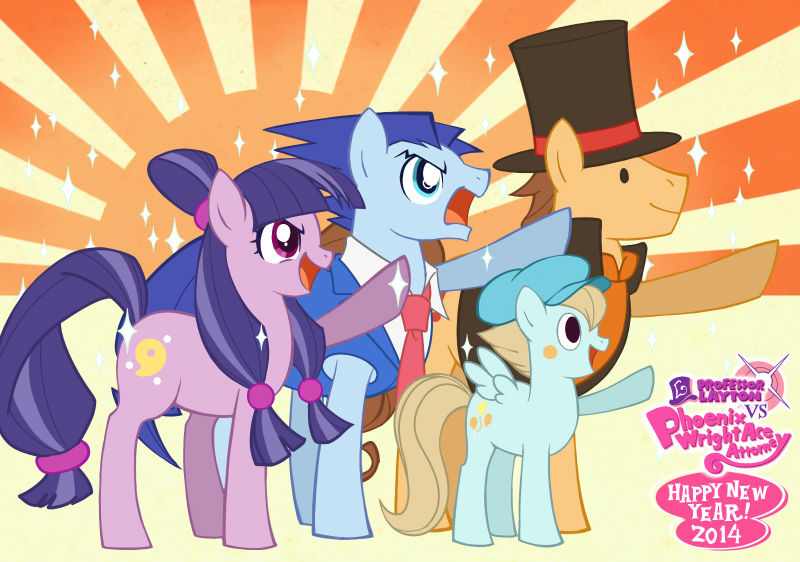 1girl, 3boys, animalization, maya_fey, brown_hair, crossover, ace_attorney, hat, hershel_layton, luke_triton, magarikado, multiple_boys, my_little_pony, my_little_pony:_friendship_is_magic, phoenix_wright, no_humans, parody, pegasus, professor_layton, professor_layton_vs._phoenix_wright:_ace_attorney, top_hat