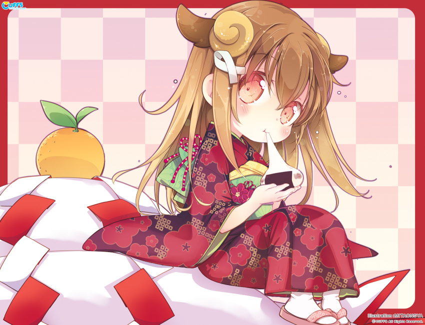 1girl, animal_ears, brown_eyes, brown_hair, chibi, eating, female_focus, food, highres, horns, japanese_clothes, kagami_mochi, kemonomimi_mode, kimono, koi_suru_kanojo_no_bukiyou_na_butai, long_hair, looking_at_viewer, mitaonsha, mochi, official_art, sheep_ears, sheep_horns, sitting, solo, togawa_mayuu, wagashi