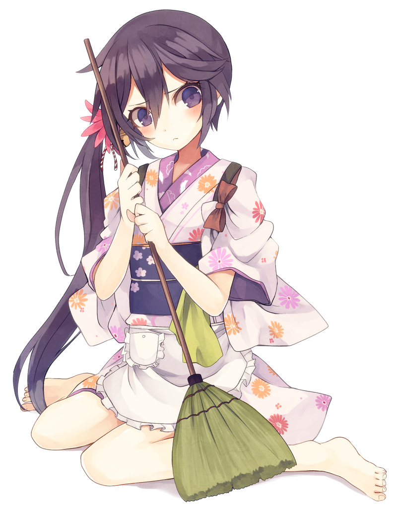 10s, 1girl, :<, akebono_(kancolle), akebono_(new_year)_(kancolle), apron, bare_legs, barefoot