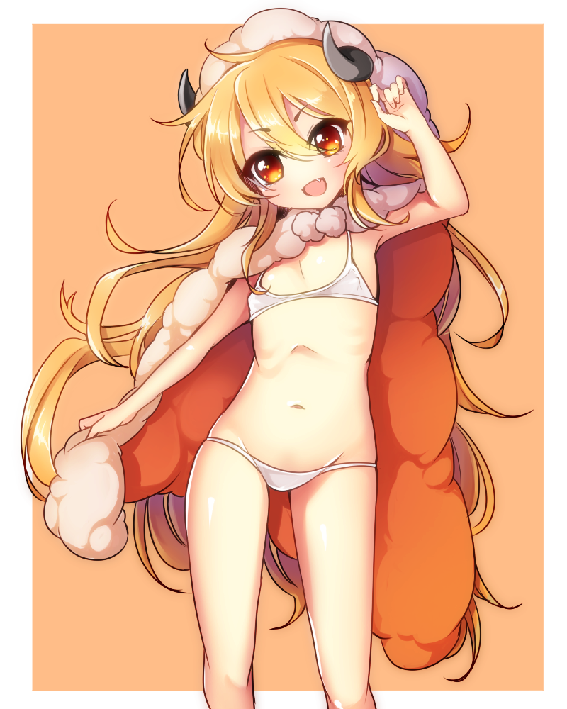 1girl, blonde_hair, cape, fang, female_focus, flat_chest, horns, long_hair, navel, open_mouth, orange_background, riko_(setsugetsuca), sengoku_bushouki_muramasa, sheep_horns, simple_background, smile, solo