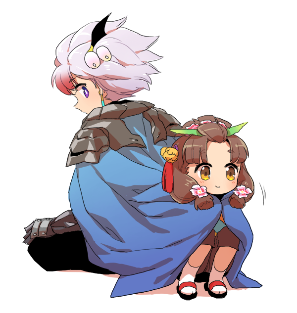 >:>, >:), 1boy, 1girl, :>, armor, baldur_(sekaiju), brown_hair