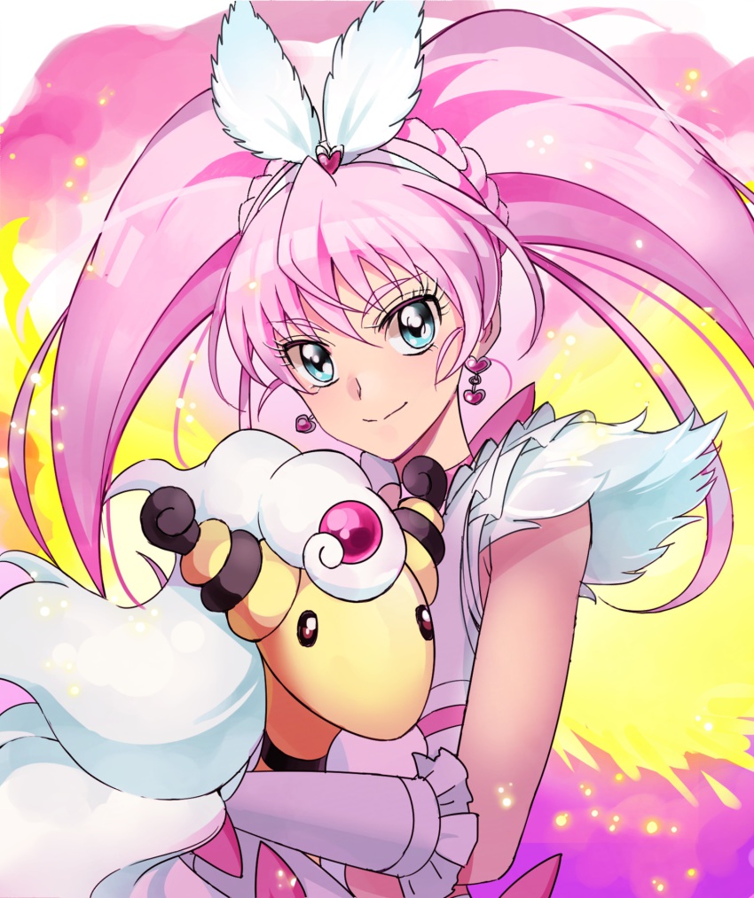 10s, 1girl, ampharos, blue_eyes, braid, crescendo_cure_melody, crossover, cure_melody