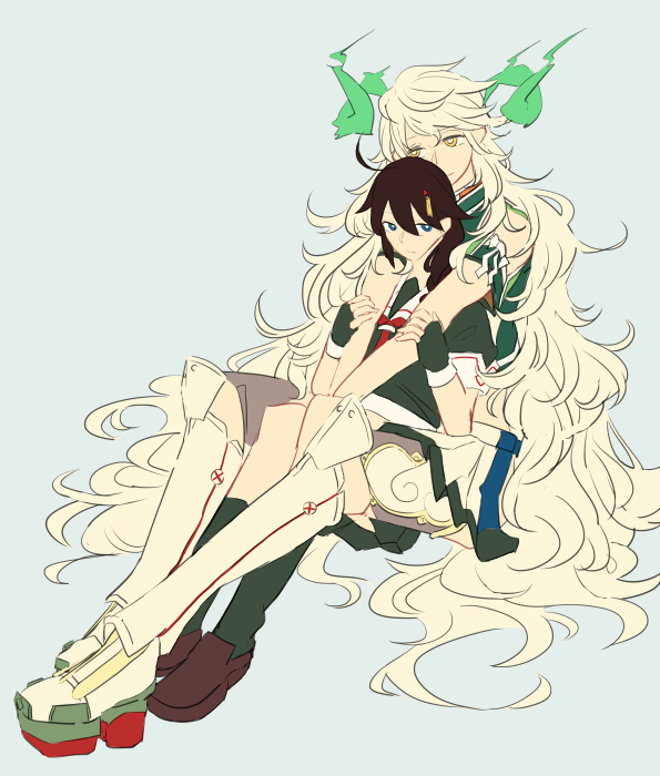 10s, 2girls, alternate_hairstyle, antlers, blue_eyes, brown_hair, cloud_print, fingerless_gloves