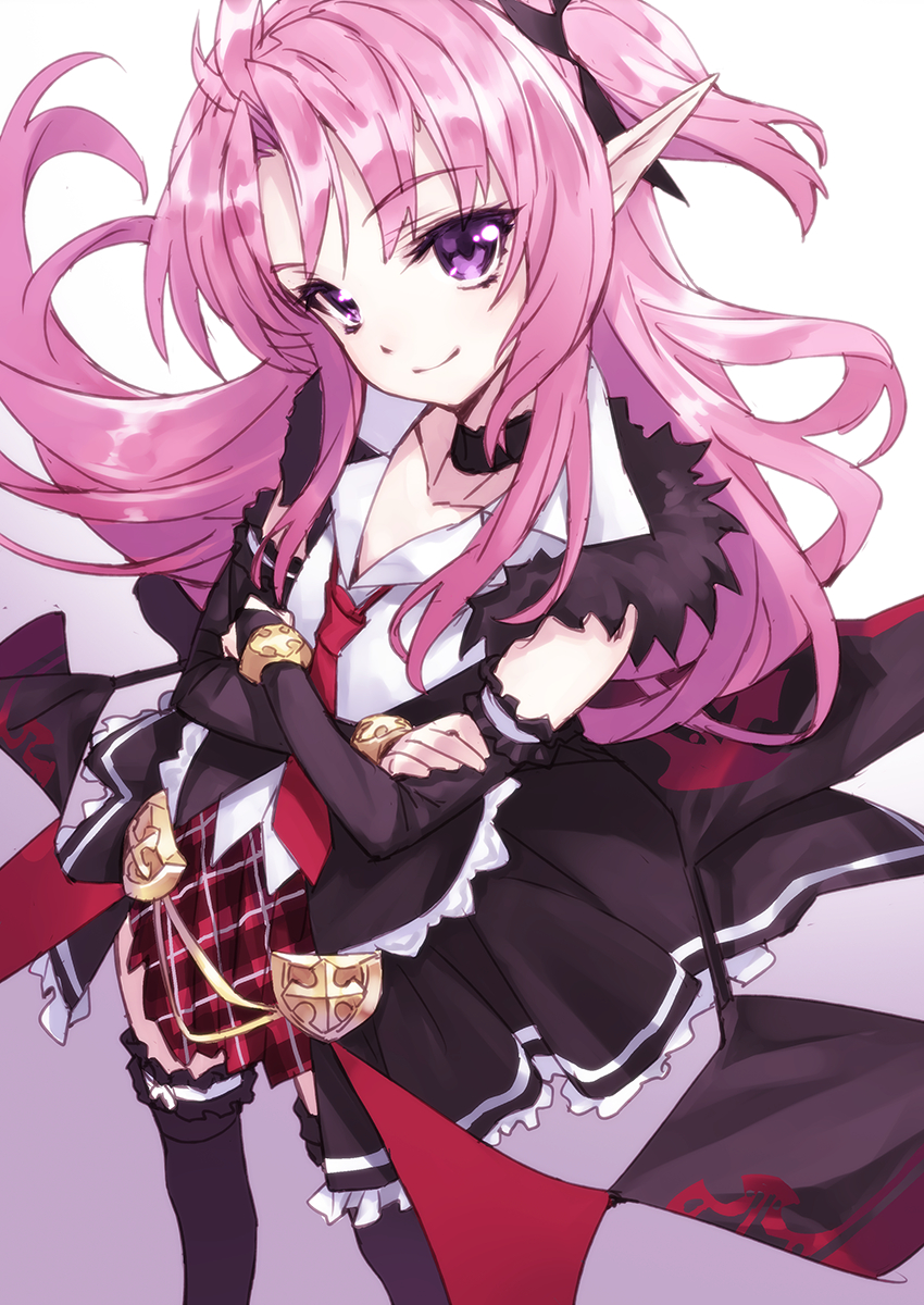 1girl, bad_id, bracelet, choker, crossed_arms, detached_sleeves, elf, female_focus