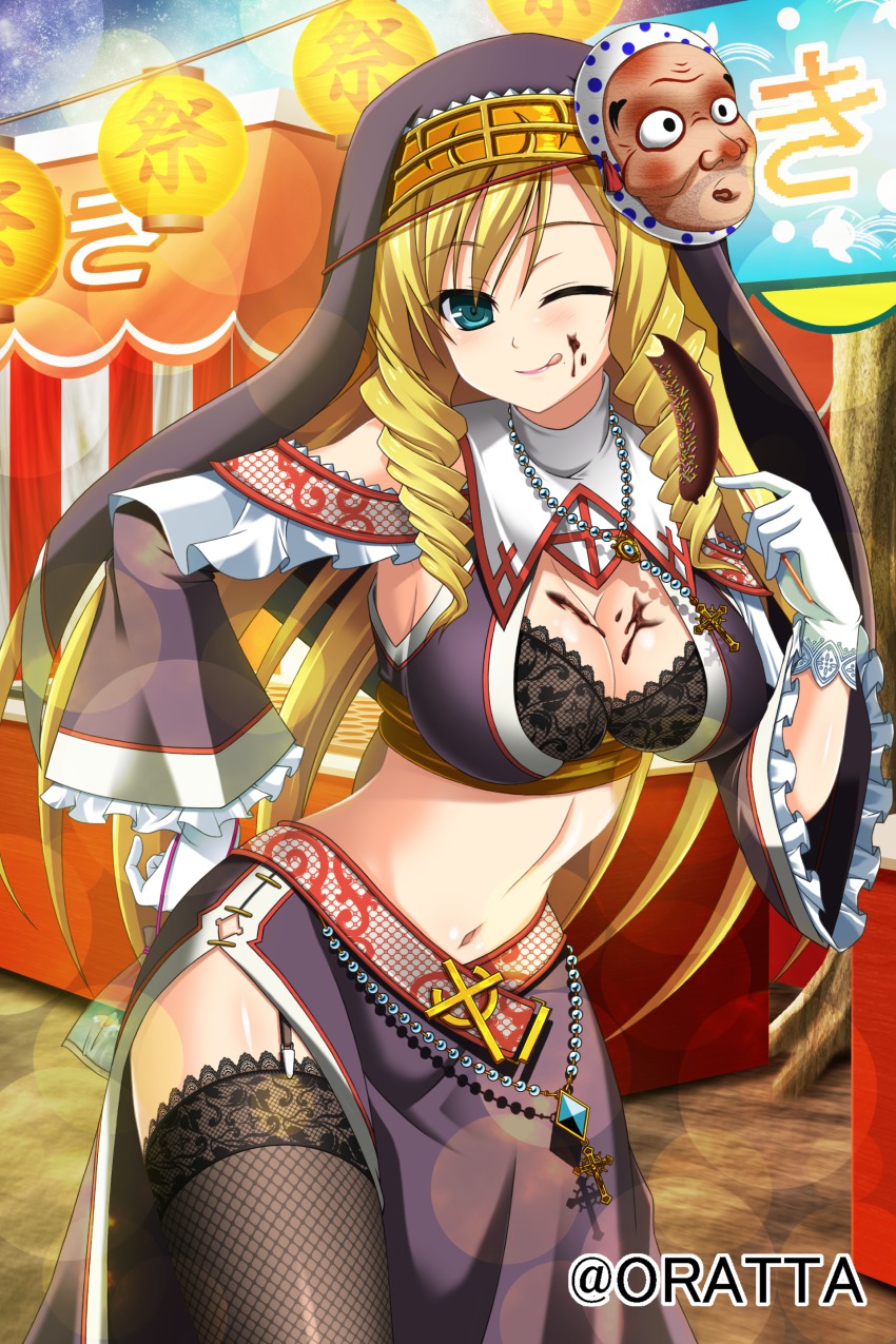 1girl, ;q, absurdres, aqua_eyes, black_bra, blonde_hair, bra, breasts, chocolate-covered_food, chocolate_banana, cleavage, cross, drill_hair, female_focus, festival, fishnet_thighhighs, fishnets, food, food_on_body, food_on_face, garter_straps, gloves, habit, hand_on_own_hip, highres, lace, lace-trimmed_legwear, lace_bra, lace_trim, large_breasts, lens_flare, long_hair, midriff, militia_minpei, momohime_ryouran!_sengoku_asuka, navel, nun, nun_headdress, one_eye_closed, original, short_hair, side_slit, solo, thighhighs, tongue, tongue_out, twin_drills, underwear, very_long_hair, xavier_(sengoku_asuka)
