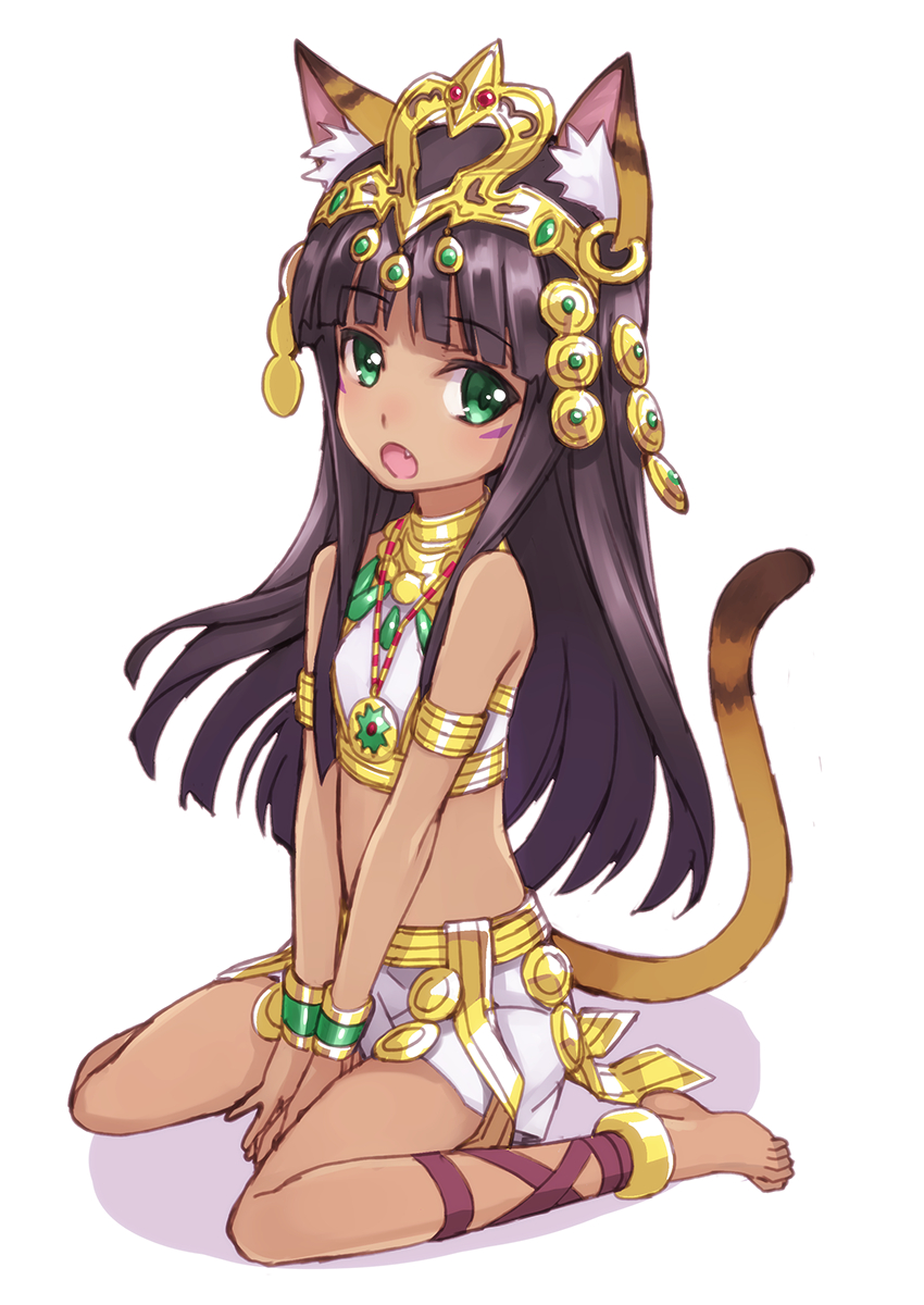 1girl, :o, ancient_egyptian, animal_ears, ankle_lace-up, anklet, armlet, bad_id, barefoot, bastet_(p&amp;d), black_hair, blush, bracer, cat_ears, cat_tail, dark-skinned_female, dark_skin, facial_mark, fang, feet, female_focus, full_body, green_eyes, gungho_online_entertainment, highres, jewelry, long_hair, looking_at_viewer, matsuryuu, necklace, petite, puzzle_&amp;_dragons, simple_background, sitting, solo, tail, tiara, v_arms, wariza, white_background