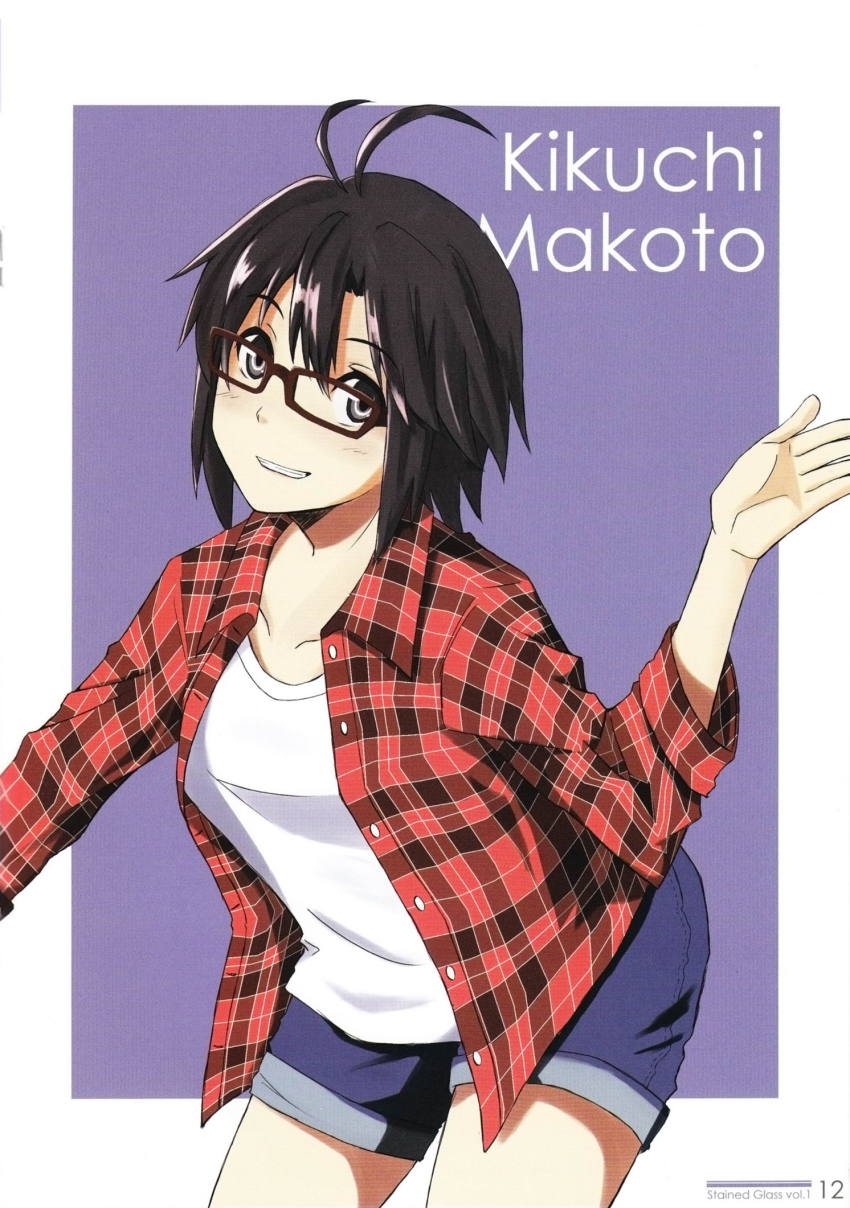 1girl, border, character_name, female_focus, flannel, flannel_shirt, glasses, highres