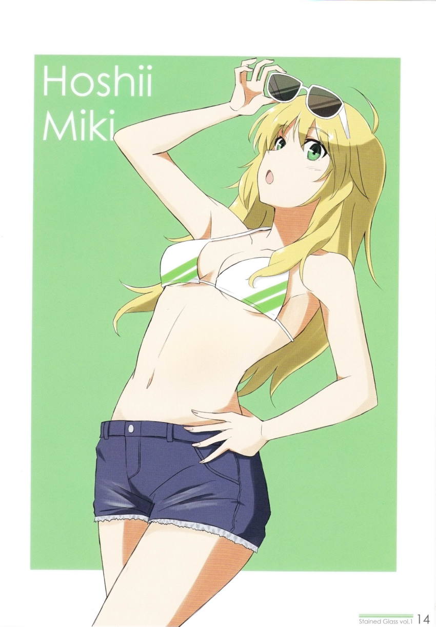 1girl, bikini, bikini_top_only, blonde_hair, character_name, eyewear_on_head, highres, hoshii_miki