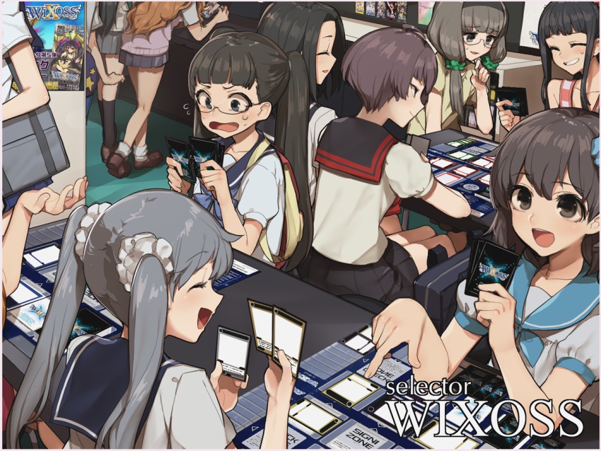 10s, 6+girls, :d, ^_^, ahoge, aoi_akira, bag, black_hair