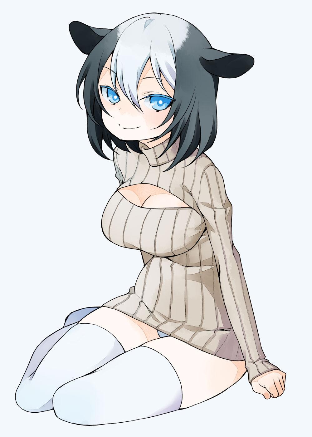 1girl, animal_ears, black_hair, blue_eyes, breasts, cleavage, dress, female_focus