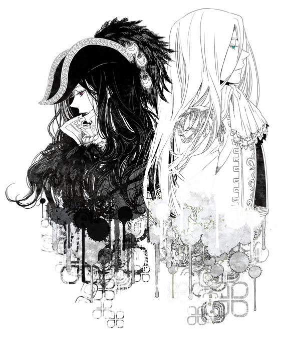 1boy, 1girl, 860, ascot, bad_id, bad_pixiv_id, feathers, gllad_bellrick, hat, lady_leredrick, long_hair, shoukoku_no_altair