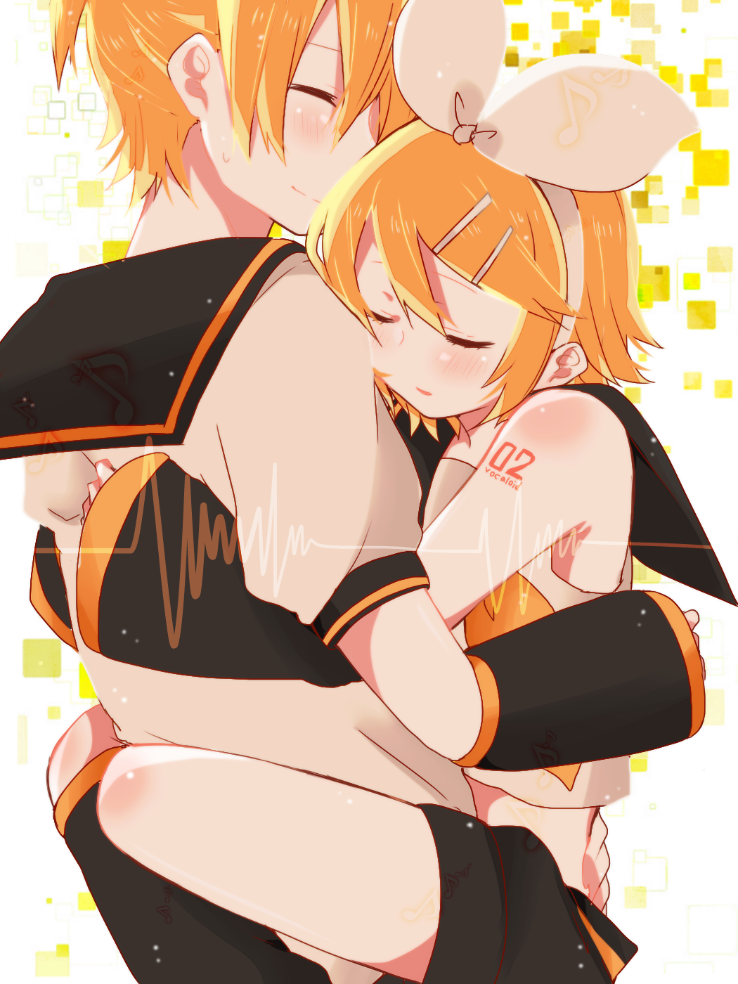 1boy, 1girl, aoi_choko_(aoichoco), bare_shoulders, blonde_hair, brother_and_sister, detached_sleeves, closed_eyes, hair_ornament, hairband, hetero, highres, hug, kagamine_len, kagamine_rin, monaco_(rmn02), sailor_collar, school_uniform, serafuku, short_hair, short_sleeves, siblings, smile, twins, vocaloid
