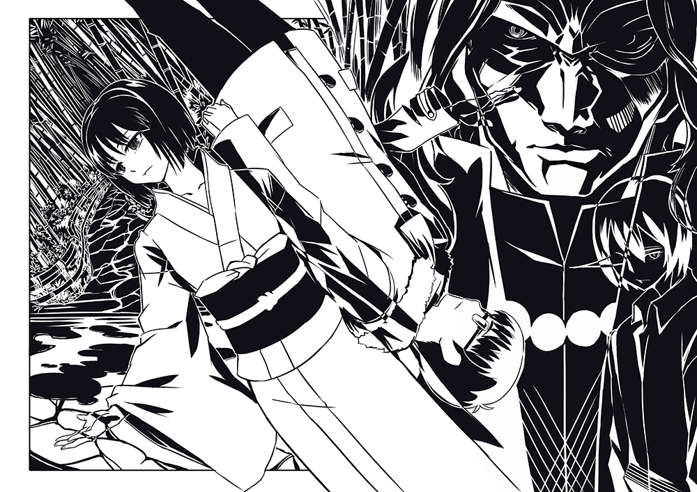 1girl, 3boys, araya_souren, bamboo, bamboo_forest, coat, forest, greyscale