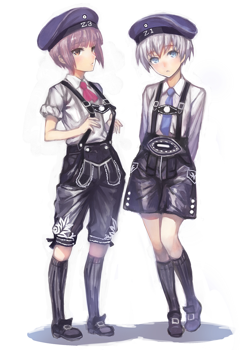 10s, 2girls, alternate_costume, androgynous, arms_behind_back, ascot, blue_eyes, blush