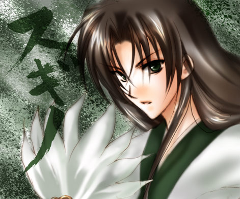 00s, black_hair, japanese_clothes, long_hair, looking_at_viewer, lowres, male_focus, solo