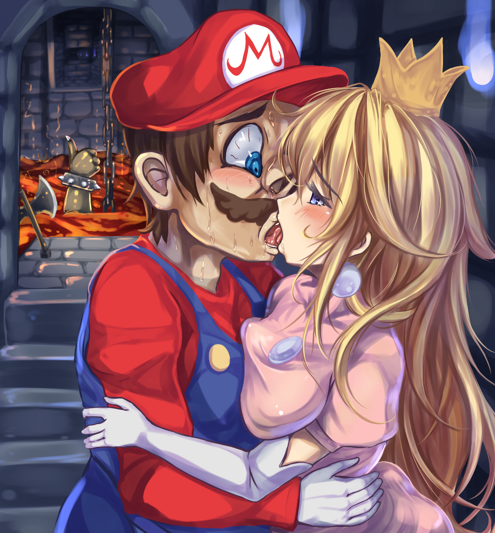 1girl, 2boys, blonde_hair, blue_eyes, bowser, brown_hair, chain, elbow_gloves