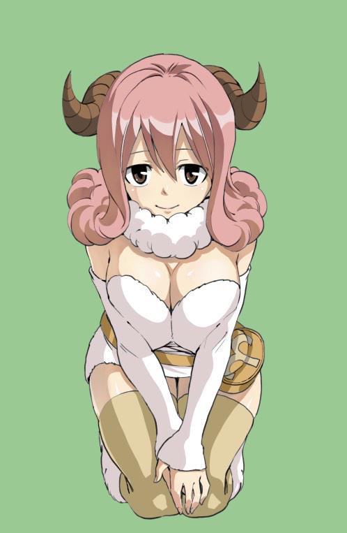 1girl, aries_(fairy_tail), bag, breast_press, breasts, breasts_squeezed_together, brown_eyes, cleavage, closed_mouth, curled_horns, detached_sleeves, dress, facing_viewer, fairy_tail, female_focus, green_background, hands_on_own_knees, happy, horns, kneeling, large_breasts, long_hair, looking_at_viewer, mashima_hiro, monster_girl, official_art, own_hands_together, pink_hair, satchel, seiza, sheep_girl, sheep_horns, simple_background, sitting, smile, solo, thighhighs, wool, wool_dress