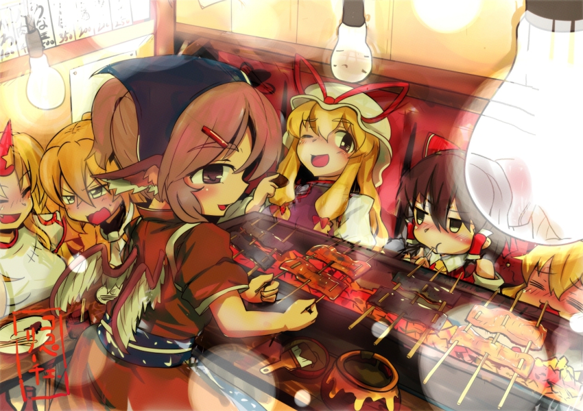 6+girls, ;d, =_=, angry, blonde_hair, blush, brown_hair, cooking