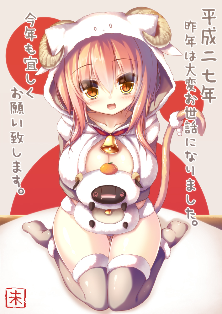 1girl, animal_costume, animal_hood, arms_behind_back, bell, blush, breasts, cleavage