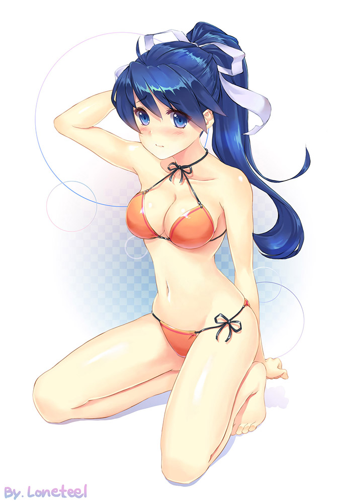 1girl, bare_shoulders, barefoot, battle_girl_(pokemon), bikini, blue_eyes, blue_hair, blush, breasts, cleavage, female_focus, kneeling, loneteel, long_hair, matching_hair/eyes, navel, nintendo, npc_trainer, orange_bikini, original, pokemon, ponytail, solo, swimsuit