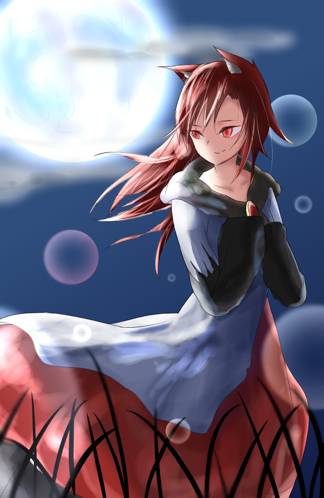 1girl, animal_ears, bad_id, bad_pixiv_id, brooch, brown_hair, collarbone, dress, female_focus, full_moon, imaizumi_kagerou, jewelry, long_hair, looking_away, moon, night, red_eyes, smile, solo, touhou, tsubuika_(syugyouaka), wolf_ears