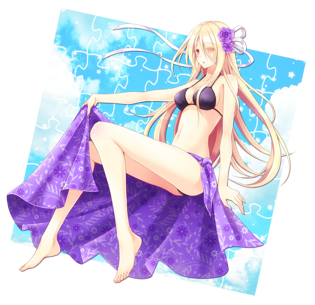 1girl, bad_id, bad_pixiv_id, barefoot, bikini, blonde_hair, feet, flower, hair_flower, hair_ornament, hair_over_one_eye, legs, long_hair, outside_border, pandora_(p&amp;d), puzzle_&amp;_dragons, red_eyes, sarong, sitting, swimsuit, toes, tsubaki-chisa