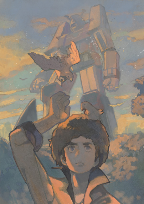 1boy, afro, animal, animal_on_head, bird, cloud, cosmo_yuki, densetsu_kyojin_ideon