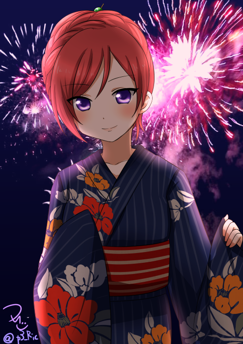 10s, 1girl, female_focus, fireworks, floral_print, hair_up, japanese_clothes, kimono