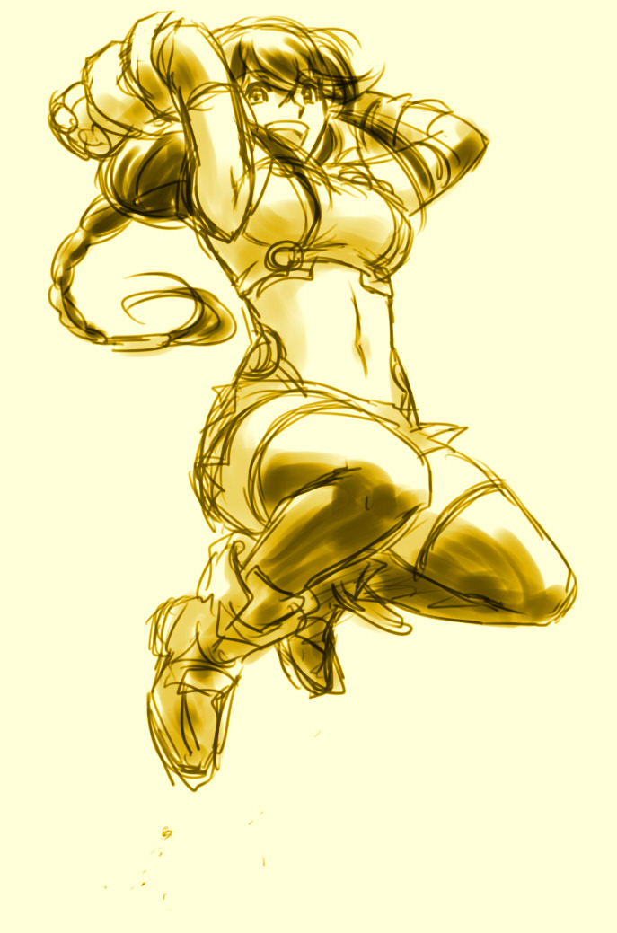 10s, 1girl, black_hair, braid, female_focus, gauntlets, ichiya_(baroque2), jumping