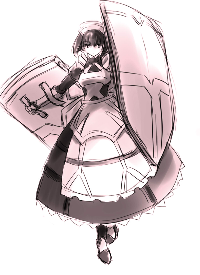 10s, 1girl, black_hair, coppelia_(log_horizon), dual_wielding, holding, ichiya_(baroque2), log_horizon, maid, monochrome, shield, short_hair