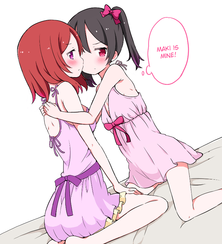 10s, 2girls, bare_shoulders, black_hair, blush, breasts, hard-translated, height_difference, hug, long_hair, love_live!, love_live!_school_idol_project, manuel_guzman_(lolo), multiple_girls, nightgown, nishikino_maki, possessive, red_eyes, red_hair, saku_usako_(rabbit), short_hair, sideboob, sitting, small_breasts, spread_legs, text_focus, thighs, third-party_edit, translated, yazawa_nico, yuri