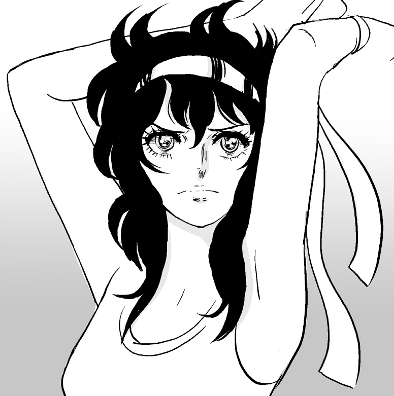 1970s_(style), 1girl, ace_wo_nerae!, armpits, arms_up, bad_id, bad_pixiv_id, derivative_work, eyelashes, female_focus, greyscale, headband, lafolie, long_hair, messy_hair, monochrome, oka_hiromi, oldschool, retro_artstyle, solo