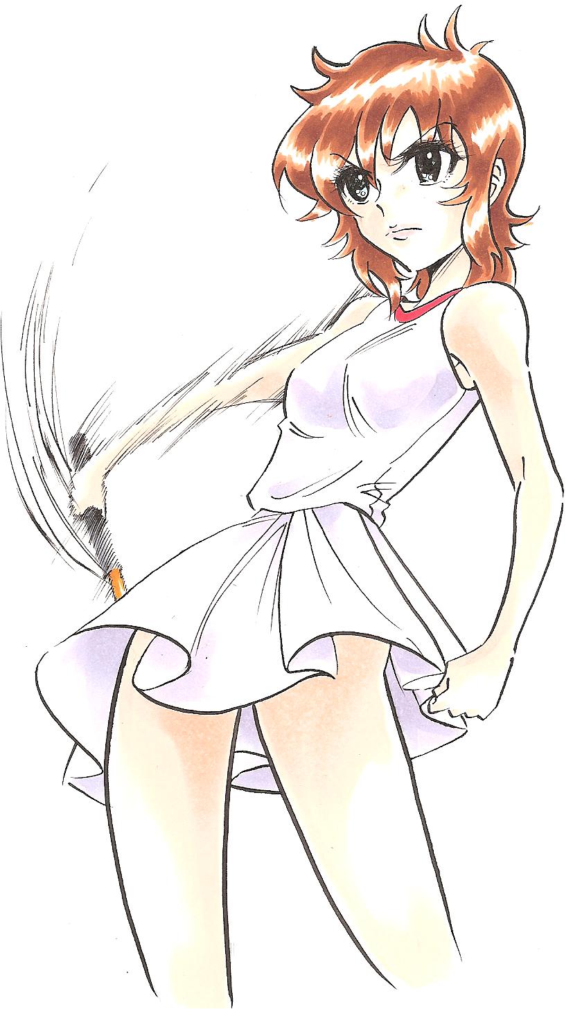 1970s_(style), 1girl, ace_wo_nerae!, bad_id, bad_pixiv_id, brown_hair, cowboy_shot, cropped_legs