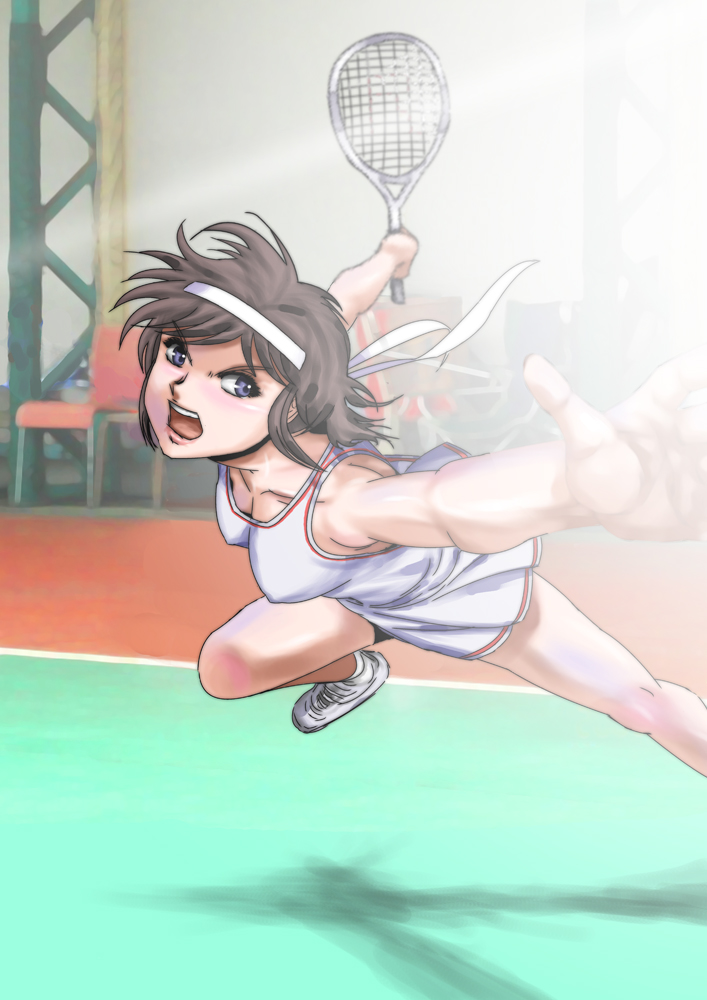 1girl, ace_wo_nerae!, blue_eyes, brown_hair, dress, female_focus, foreshortening, headband