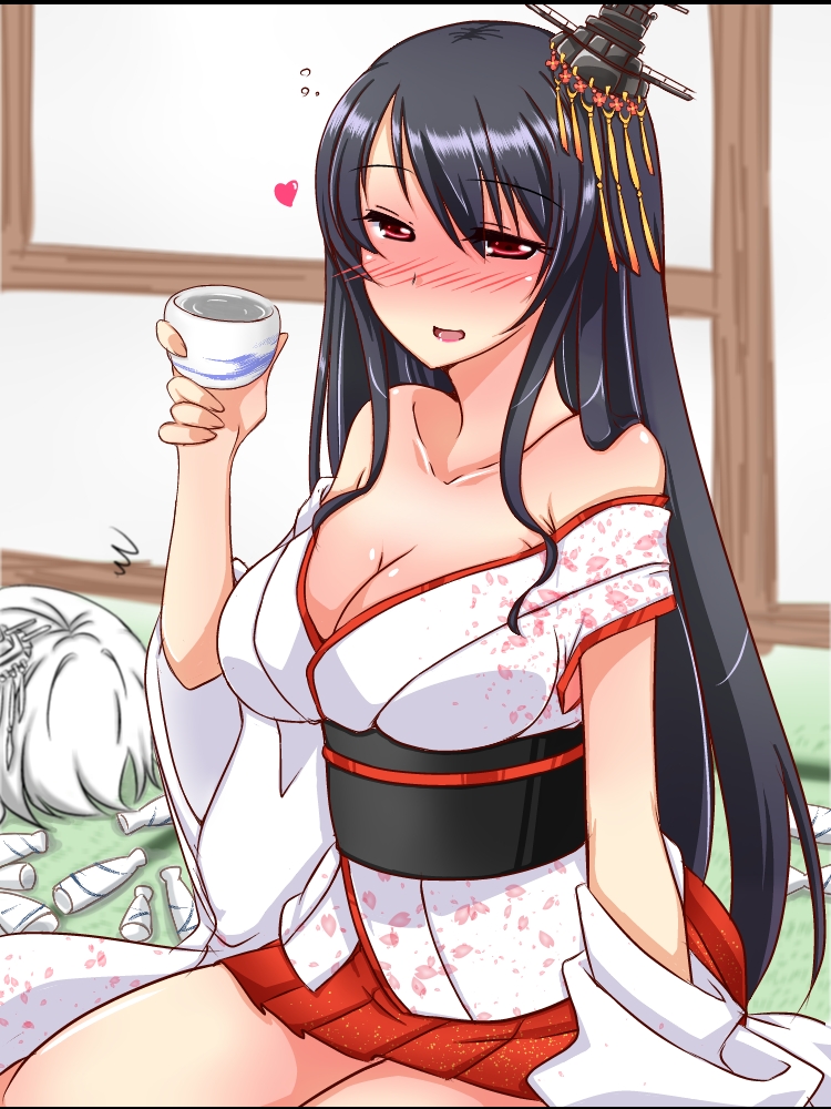 10s, 2girls, bare_shoulders, black_hair, bottle, breasts, collarbone, cup