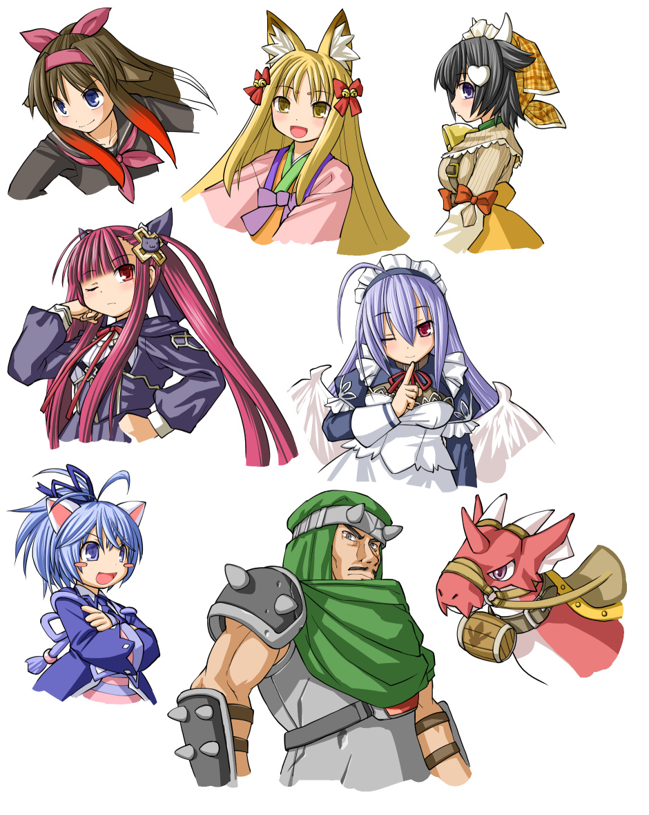 1boy, 6+girls, ;), ahoge, alucard_lore, animal_ears, armor, bad_id